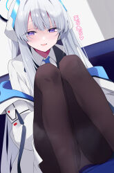 1girl absurdres blazer blue_archive blush brown_pantyhose commentary_request feet_out_of_frame grey_hair halo headgear highres indoors jacket jacket_partially_removed knees_up long_hair looking_at_viewer noa_(blue_archive) panties panties_under_pantyhose pantyhose purple_eyes sitting smile solo steam straight_hair tonomiya68 translation_request two-sided_fabric two-sided_jacket underwear white_jacket white_panties