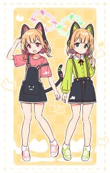 2girls alternate_costume animal_ear_headphones animal_ears black_skirt blonde_hair blue_archive border bow cat_ear_headphones cat_tail checkered_background clenched_hand closed_mouth commentary_request dot_mouth dot_nose fake_animal_ears fake_tail full_body green_bow green_eyes green_halo green_shirt green_shoes hair_bow halo hand_up headphones highres looking_at_viewer midori_(blue_archive) momoi_(blue_archive) multiple_girls open_mouth orange_background pink_halo pink_shirt pink_shoes red_bow red_eyes shirt shoes siblings skirt standing tail twins white_border yoru_nai