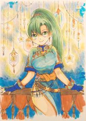1girl artist_name blue_dress chika_1 dress earrings fingerless_gloves fire_emblem fire_emblem:_the_blazing_blade gloves green_eyes green_hair jewelry long_hair lyn_(fire_emblem) nintendo ponytail traditional_media
