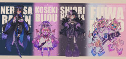 5girls :&gt; :d :q animal_ears asymmetrical_horns bare_shoulders belt black_background black_belt black_coat black_dress black_footwear black_gloves black_hair black_jacket black_thighhighs blonde_hair blue_background blue_belt blue_eyes blue_hair blue_hairband blunt_bangs blush boots bracelet cartoonized character_name claws closed_mouth coat collared_shirt colored_inner_hair colored_shoe_soles commentary crystal detached_collar dog_ears dog_girl dog_tail dress drooling english_commentary fang full_body fur-trimmed_jacket fur-trimmed_sleeves fur_trim fuwawa_abyssgard fuwawa_abyssgard_(1st_costume) gloves gradient_background gradient_hair grey_hair hair_between_eyes hair_flaps hair_ornament hair_over_shoulder hairband hairclip hands_on_own_hips hands_up high_heels highres holoadvent hololive hololive_english horns impact_(font) jacket jewel_under_eye jewelry koseki_bijou koseki_bijou_(1st_costume) long_hair long_sleeves looking_at_viewer medium_hair mococo_abyssgard mococo_abyssgard_(1st_costume) mole mole_under_eye mouth_drool multicolored_hair multiple_girls nerissa_ravencroft nerissa_ravencroft_(1st_costume) nuwi_(furinuwi) open_mouth pink_background pink_eyes pink_hair pink_hairband purple_background purple_eyes purple_hair red_eyes ring shiori_novella shiori_novella_(1st_costume) shirt shoes short_hair shorts siblings simple_background sisters skin_fang smile sneakers sparkle split-color_hair standing strapless strapless_dress streaked_hair striped_clothes striped_thighhighs tail tassel tassel_hair_ornament thighhighs tongue tongue_out toon_(style) twins two-tone_hair uneven_horns very_long_hair virtual_youtuber white_dress white_footwear white_shirt white_shorts wing_collar wings x_hair_ornament yellow_eyes