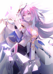 1girl absurdres ashou-gm black_shorts breasts cleavage commentary corset diamond-shaped_pupils diamond_(shape) elysia_(herrscher_of_human:_ego)_(honkai_impact) elysia_(honkai_impact) gloves highres honkai_(series) honkai_impact_3rd large_breasts long_hair pink_hair purple_eyes short_shorts shorts smile solo symbol-only_commentary symbol-shaped_pupils triquetra veil very_long_hair white_corset white_gloves white_veil