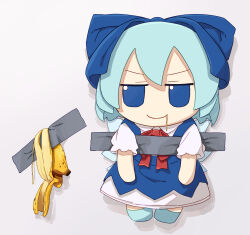 Rule 34 | 1girl, absurdres, banana, blue bow, blue dress, blue eyes, blue hair, blue shoes, bow, bowtie, chibi, chibi only, cirno, closed mouth, collared shirt, comedian (artwork), commentary request, dress, duct tape, food, fruit, full body, fumo (doll), hair bow, highres, ice, ice wings, kame (kamepan44231), pinafore dress, red bow, red bowtie, shirt, shoes, short hair, short sleeves, sleeveless, sleeveless dress, smile, solo, tape, touhou, white background, white shirt, wings