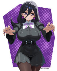 @_@ absurdres alternate_breast_size bags_under_eyes black_dress black_hair breasts dress earrings hex_maniac_(pokemon) hex_maniac_(pokemon_legends:_z-a) highres huge_breasts jewelry long_dress messy_hair nintendo outstretched_arms pantyhose pokemon pokemon_legends:_z-a purple_eyes purple_nails sadxkingart zombie_pose