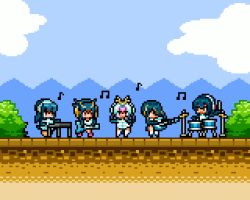 10s 5girls animated animated_gif bass_guitar black_hair blue_sky cloud day drum drum_set electric_guitar emperor_penguin_(kemono_friends) gentoo_penguin_(kemono_friends) guitar hair_over_one_eye headphones humboldt_penguin_(kemono_friends) instrument kemono_friends keyboard_(instrument) long_hair looking_at_viewer microphone midoribox mountain multicolored_hair multiple_girls music musical_note nature outdoors personification piano pixel_art plant playing_instrument playing_piano rockhopper_penguin_(kemono_friends) royal_penguin_(kemono_friends) scenery sky white_legwear