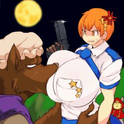1boy 1girl :o angry animated animated_gif blush breast_sucking breasts breasts_out brown_hair closed_eyes furry furry_male furry_with_non-furry gun hataraki_ari holding holding_gun holding_weapon huge_breasts interspecies long_hair muscular open_mouth orange_hair original police police_uniform policewoman weapon