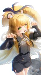1girl :3 absurdres animal_ear_fluff animal_ears black_ribbon black_shorts blonde_hair chromatic_aberration claw_pose cowboy_shot fang green_eyes grey_shirt hair_intakes highres hu_wei_(zenless_zone_zero) ion_932 jacket jewelry ju_fufu long_hair looking_at_viewer multicolored_hair necklace open_clothes open_jacket open_mouth ribbon shirt shorts simple_background smile solo streaked_hair tail tail_ornament tail_ribbon tiger_ears tiger_girl tiger_tail very_long_hair white_background white_hair yellow_jacket zenless_zone_zero