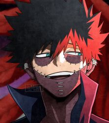 0ksiri0 1boy black_hair blue_eyes boku_no_hero_academia dabi_(boku_no_hero_academia) earrings face_piercing hair_between_eyes highres jewelry looking_to_the_side male_focus multiple_earrings open_mouth piercing red_background red_hair solo spiked_hair stapled stitched_face stitches teeth upper_body upper_teeth_only