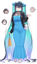 Rule 34 | 4girls, absurdly long hair, absurdres, aqua hair, bag, bead necklace, beads, black hair, blue dress, blue ribbon, breasts, cloba, commentary request, dress, full body, goddess of victory: nikke, gradient hair, hair ribbon, highres, holding, holding bag, jewelry, large breasts, little mermaid (nikke), long hair, looking at viewer, mihara (nikke), mori (nikke), multicolored hair, multiple girls, necklace, purple hair, ribbon, sandals, simple background, smile, solo, standing, toes, very long hair, white background, white bag, white sandals, yellow eyes, yuni (chimera) (nikke), yuni (nikke)