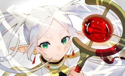 1girl absurdres capelet closed_mouth commentary_request earrings elf eyelashes floating_earrings floating_hair forehead frieren frown gold_trim green_eyes highres holding holding_staff ito_yoshi jewelry long_hair looking_at_viewer mage_staff magic parted_bangs pointy_ears portrait solo sousou_no_frieren staff teardrop_earrings twintails white_background white_capelet white_hair