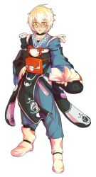 1boy ahoge alphes_(style) bag blue_pants blush book boots collarbone commentary_request dairi full_body glasses hand_on_own_hip highres holding holding_book japanese_clothes kimono large_variant_set long_sleeves male_focus morichika_rinnosuke pants parody red_bag short_hair solo standing style_parody tachi-e touhou variant_set white_boots white_hair yellow_eyes