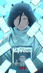 1girl black_hair blue_theme book cellphone commentary_request hair_between_eyes kisaragi_ayumi looking_at_viewer monochrome phone robe saida_(ohda_ooda) short_hair smartphone smile solo spoilers too_many toshi_densetsu_kaitai_center translation_request upper_body