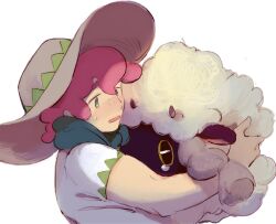 1boy arm_up commentary crying crying_with_eyes_open english_commentary freckles gen_8_pokemon green_eyes green_scarf hat highres holding holding_pokemon horns male_focus milo_(pokemon) nintendo open_mouth pink_hair pokemon pokemon_(creature) pokemon_swsh scarf sheep sheep_horns shirt short_sleeves simple_background solo tearing_up tears upper_body white_background white_shirt wide_brim wool wooloo yellow_eyes youriliquid