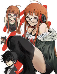 1boy 1girl ahoge amamiya_ren angry arms_between_legs black_boots black_coat black_hair black_hat black_scarf black_shirt black_thighhighs blunt_bangs blush_stickers boots brown_eyes closed_mouth coat cropped_torso fur-trimmed_jacket fur_trim glasses green_jacket hair_between_eyes hat headphones ikemen&#039;na_ore-shi jacket long_hair looking_at_viewer off_shoulder orange_hair persona persona_5 sakura_futaba scarf shirt short_hair simple_background sleeveless sleeveless_shirt squatting straight_hair thighhighs turtleneck turtleneck_shirt v-shaped_eyebrows white_background white_shirt