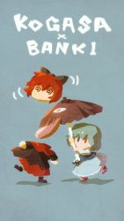 2girls @_@ black_bow black_footwear black_shirt blue_eyes blue_hair blue_shirt blue_skirt bow chibi cloak disembodied_head dizzy english_text full_body geta hair_bow heterochromia holding holding_umbrella karakasa_obake long_sleeves multiple_girls no_mouth red_eyes red_hair red_skirt sekibanki sekibanki_day senmura shirt skirt solid_oval_eyes standing tatara_kogasa touhou umbrella