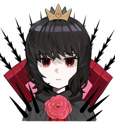 1girl asdf1211950 black_cape black_hair black_souls black_souls_2 cape closed_mouth crown dress flower highres looking_at_viewer lorina_(black_souls) red_dress red_eyes red_flower red_rose rose short_hair sidelocks solo thorns