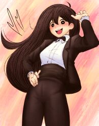 Rule 34 | 1girl, black eyes, black hair, black jacket, black pants, bow, bowtie, cabronpr, collared shirt, dress pants, dress shirt, formal clothes, hand on own hip, hand up, highres, jacket, long hair, mari (omori), omori, open mouth, pants, shirt, smile, solo, suit, white shirt