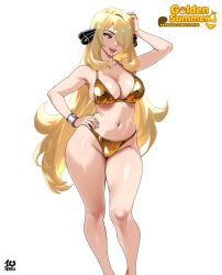 1girl :d absurdres arm_up artist_name bikini blonde_hair breasts cleavage curvy cynthia_(pokemon) dynamax_band feet_out_of_frame gold_bikini grey_eyes groin hair_ornament hair_over_one_eye hand_on_own_hip hat highres kyoffie large_breasts long_hair navel nintendo open_mouth pokemon pokemon_dppt simple_background smile solo standing swimsuit thighs very_long_hair watermark web_address wide_hips