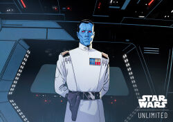 1boy alien arms_behind_back belt black_belt black_hair blue_skin borja_pindado chiss colored_skin copyright_name english_text grand_admiral_thrawn highres holster jacket red_eyes short_hair solo spacecraft_interior star_wars star_wars:_unlimited white_jacket