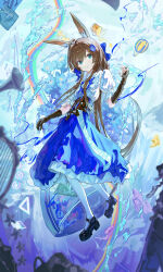 1girl absurdres ahoge amiya_(arknights) animal_ears arknights arm_warmers armor black_armor black_gloves black_shoes blue_eyes blue_skirt brown_hair chromatic_aberration closed_mouth commentary drink elbow_gloves english_commentary floating full_body gloves highres jewelry long_hair looking_at_viewer multiple_rings pantyhose puffy_short_sleeves puffy_sleeves ring saraph_se_la shoes short_sleeves single_arm_warmer single_elbow_glove skirt smile solo split_mouth star_(symbol) triangle white_pantyhose