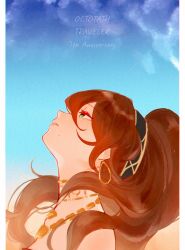 1girl anniversary blue_sky brown_hair commentary_request cran_adonis earrings green_eyes high_ponytail highres hoop_earrings jewelry looking_up mole mole_under_mouth octopath_traveler octopath_traveler_i pillarboxed ponytail primrose_azelhart sky