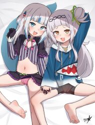 2girls :d absurdres arm_up bare_legs barefoot bed_sheet bike_shorts black_hairband black_shorts blue_eyes blue_hair blue_hoodie blunt_bangs blush boppin bow bowtie cameltoe capelet cosplay costume_switch crop_top extreme_crop_top eyelashes feet fins fish_tail flat_chest foot_out_of_frame from_above gawr_gura gluteal_fold grey_hair hair_bun hair_ornament hairband highres holding_hands hololive hololive_english hood hood_down hoodie loli long_sleeves looking_at_viewer lying microskirt midriff multicolored_hair multiple_girls murasaki_shion navel on_back one_side_up open_mouth orange_eyes paid_reward_available panties pink_bow pink_bowtie pink_panties purple_capelet purple_shirt purple_skirt shark_girl shark_print shark_tail sharp_teeth shirt shorts signature single_side_bun skirt smile soles stomach streaked_hair striped_clothes striped_shirt tail teeth toes underwear virtual_youtuber wide_sleeves