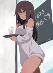 Rule 34 | absurdres, alice gear aegis, bare shoulders, brown hair, chalkboard, chalkboard writing, dark-skinned female, dark skin, green eyes, highres, kaneshiya sitara, no pants, sweater