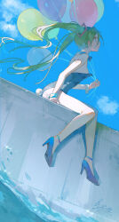 Rule 34 | 1girl, 2025, absurdres, balloon, bare legs, blue eyes, blue leotard, blue shoes, blue skirt, breasts, cloud, dated, day, detached collar, dutch angle, fake tail, floating hair, full body, green hair, hatsune miku, high heels, highres, holding, holding balloon, leotard, long hair, looking up, medium breasts, outdoors, playboy bunny, pumps, rabbit tail, samu eri, shoes, sideboob, signature, sitting, skirt, solo, strapless, strapless leotard, tail, twintails, very long hair, vocaloid