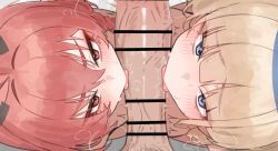 1boy 2girls bar_censor blonde_hair blue_archive blue_eyes blush censored fellatio from_above licking licking_penis looking_at_viewer looking_up multiple_girls neru_(blue_archive) oral penis pointless_censoring pov red_eyes red_hair toki_(blue_archive) tongue tongue_out yzr_(yzr99)