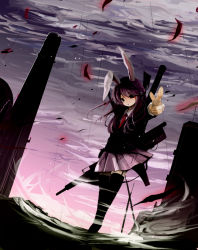 1girl animal_ears bad_id bad_pixiv_id black_thighhighs building female_focus garter_straps gun highres ichitaro outdoors pointing pointing_at_viewer rabbit_ears rain red_eyes reisen_udongein_inaba rifle sky solo thighhighs touhou weapon