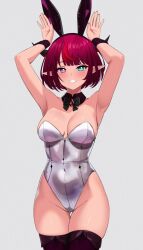 1girl :d animal_ear_hairband animal_ears armpits arms_up bare_shoulders black_bow black_bowtie blue_eyes bob_cut bow bowtie breasts cleavage collarbone cowboy_shot detached_collar elazu fake_animal_ears gluteal_fold grin groin hairband heterochromia highleg highleg_leotard hololive hololive_english horns irys_(hololive) large_breasts leotard looking_at_viewer multicolored_hair open_mouth playboy_bunny pointy_ears purple_eyes purple_hair purple_thighhighs rabbit_ear_hairband rabbit_ears rabbit_pose red_hair short_hair simple_background smile solo straight-on strapless strapless_leotard streaked_hair thigh_gap thighhighs virtual_youtuber white_background wrist_cuffs