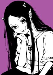 Rule 34 | 1girl, closed mouth, commentary request, greyscale with colored background, hand on own cheek, hand on own face, head rest, highres, long hair, looking at viewer, nippaku zanmu, pointy ears, purple background, sasaka1185, shirt, simple background, small horns, smile, solo, touhou, upper body