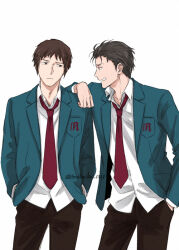 Rule 34 | 2boys, arm on another&#039;s shoulder, artist name, blazer, breast pocket, brown pants, closed mouth, collarbone, collared shirt, green jacket, hands in pockets, jacket, kaikaikai 1211, kita high school uniform, kyon, long sleeves, looking at another, looking to the side, male focus, multiple boys, necktie, open clothes, open jacket, open mouth, pants, pocket, red necktie, school emblem, school uniform, shirt, simple background, standing, suzumiya haruhi no yuuutsu, taniguchi (suzumiya haruhi), twitter username, watermark, white background, white shirt, winter uniform