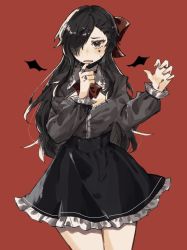 1girl black_eyes black_hair black_shirt black_skirt breasts cleavage face_paint frills genderswap genderswap_(mtf) hair_over_one_eye hair_ribbon highres medium_breasts natsuki_subaru natsumi_schwarz re:zero_kara_hajimeru_isekai_seikatsu ribbon sanpaku shirt skirt solo