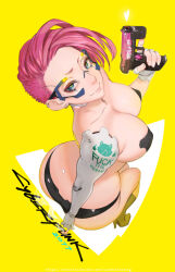 Rule 34 | black panties, blue eyes, boots, character request, closed mouth, commentary, copyright name, cyberpunk (series), cyberpunk 2077, earrings, english commentary, english text, from above, full body, gun, handgun, heart, high heel boots, high heels, holding, holding gun, holding weapon, jewelry, kingdom death, lokman lam, looking at viewer, middle finger, panties, pink hair, profanity, short hair, simple background, smile, trigger discipline, underwear, watermark, weapon, web address, yellow background