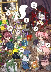 5girls ? ^_^ a-q_(madoka_magica) afterimage armor bare_shoulders belt belt_buckle black_boots black_bow black_shirt black_shorts black_thighhighs black_wrist_cuffs blonde_hair blue_dress blue_eyes blue_gemstone blue_hair blunt_bangs bodystocking boots bow braid breastplate brown-framed_eyewear brown_belt brown_bridal_gauntlets bubble_skirt buckle chest_jewel child&#039;s_drawing choker closed_eyes coin collarbone collared_dress commentary_request cow_horns crop_top detached_hood detached_sleeves dress easel fake_horns flying_sweatdrops food frilled_dress frilled_skirt frilled_sleeves frills full_body gem gift gloves goggles goggles_on_headwear grey_arm_warmers grey_sleeves grey_thighhighs hair_bow hair_ornament half_up_half_down_braid hands_on_lap high_collar high_heel_boots high_heels highres holding_lid horns indoors kaname_madoka knee_boots kneeling kure_kirika long_dress long_sleeves looking_at_another loose_socks low_ponytail low_twintails magical_girl mahou_shoujo_madoka_magica mahou_shoujo_madoka_magica_magia_exedra meat midriff mikuni_oriko miniskirt mitsuki_felicia money_bag motion_lines multiple_girls musical_note nanami_yachiyo navel nighthawk_(madoka_magica) no_cape okai_(pixiv6333) open_mouth paint_splatter painting_(object) pauldrons picture_frame pink_belt pink_bow pink_dress pink_hair pink_skirt pleated_skirt ponytail puffy_short_sleeves puffy_sleeves purple_eyes purple_hood purple_ribbon red_boots red_choker red_dress red_gemstone red_hair ribbon round_eyewear sakura_kyoko scarf shirt short_dress short_hair short_sleeves short_twintails shorts shorts_under_skirt shoulder_armor sidelocks sitting skirt sleeveless sleeveless_dress sleeveless_shirt socks solo spoken_+++ spoken_blush spoken_dollar_sign spoken_flying_sweatdrops spoken_food spoken_musical_note spoken_question_mark square_neckline talking tamaki_iroha tareme thigh_boots thighhighs turtleneck turtleneck_shirt twintails two-tone_shirt veil waist_bow waving_arm white_gloves white_scarf white_shirt white_skirt white_sleeves white_veil wrist_cuffs yellow_horns