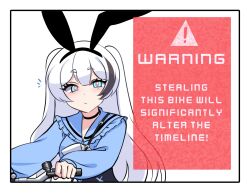 1girl animal_ear_hairband animal_ears bicycle black_choker black_hairband black_skirt black_streaks blue_eyes blue_shirt border breasts bright_pupils choker closed_mouth commentary double-parted_bangs english_commentary english_text fake_animal_ears hairband highres long_hair long_sleeves looking_at_viewer merryweather multicolored_hair original rabbit_ear_hairband rabbit_ears ryuuxin sally_sinclair shirt sign simple_background skirt solo streaked_hair two_side_up warning_sign white_background white_border white_hair white_pupils