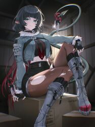 1girl absurdres animal_ears black_gloves black_hair black_shirt black_shorts blue_eyes blue_jacket blunt_bangs boots box breasts brown_pantyhose cardboard_box closed_mouth commentary crop_top cropped_jacket dagger fingerless_gloves fur_trim gloves grey_boots hibiwa high-waist_shorts highres holding holding_with_tail jacket jane_doe_(zenless_zone_zero) knee_boots knee_up knife long_hair long_sleeves looking_at_viewer low_ponytail medium_breasts midriff mouse_ears mouse_tail multicolored_hair nail_polish necktie open_clothes open_jacket pantyhose ponytail prehensile_tail red_hair red_nails shirt short_shorts shorts sitting smile solo tail tail_raised torn_clothes torn_pantyhose turtleneck two-tone_hair undershirt very_long_hair weapon zenless_zone_zero