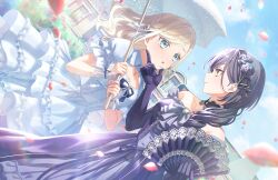 2girls :o armpit_crease bare_shoulders black_dress black_gloves black_hair blue_bow blue_dress blue_eyes blue_sky bow breasts ceras_yanagida_lilienfeld cleavage closed_mouth dress dress_bow dutch_angle elbow_gloves eye_contact folding_fan frilled_dress frills game_cg gloves grey_hair hair_bow hair_over_shoulder hand_fan hand_on_another&#039;s_chin highres holding holding_fan izayoi_selene katsuragi_izumi lace-trimmed_fan lace_trim link!_like!_love_live! long_hair looking_at_another love_live! medium_breasts multiple_girls non-web_source off-shoulder_dress off_shoulder official_art orange_eyes outdoors parted_lips profile puffy_short_sleeves puffy_sleeves short_sleeves single_drill sky smile stroking_another&#039;s_chin tassel v-shaped_eyebrows virtual_youtuber