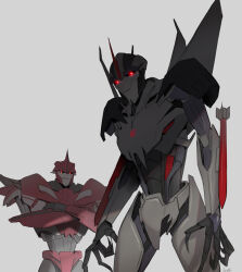 2boys arm_cannon decepticon knockout_(transformers) looking_at_viewer mecha mecha_focus multiple_boys no_humans red_eyes robot science_fiction smile starscream sun_stark transformers transformers_prime weapon wings