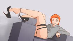 Rule 34 | 1girl, absurdres, anklet, ass, ben 10, black panties, female focus, fingernails, grin, gwen tennyson, high heels, highres, hood, hood down, hoodie, indoors, jewelry, looking at viewer, lying, no pants, on chair, orange hair, panties, panty peek, shakuraya, sharp fingernails, short hair, sitting sideways, smile, solo, underwear