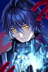1boy absurdres ahoge antenna_hair black_coat blue_background blue_hair close-up coat collared_coat enasuska flins_(genshin_impact) genshin_impact glowing glowing_eyes gradient_background gradient_hair hair_between_eyes hands_up hashtag-only_commentary head_tilt high_collar highres huge_ahoge long_hair long_sleeves looking_at_viewer looking_to_the_side multicolored_hair no_pupils parted_lips powering_up shade simple_background solo teeth upper_body wavy_hair yellow_eyes