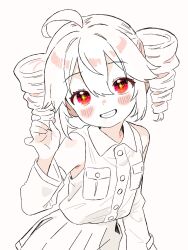 1girl ahoge blush breast_pocket buttons collared_shirt detached_sleeves drill_hair grin hand_up haru_maron hashtag-only_commentary highres kasane_teto looking_at_viewer partially_colored pocket red_eyes shirt sleeveless sleeveless_shirt smile solo twin_drills upper_body utau white_background