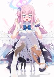3girls absurdres angel_wings animal_ears artist_name black_pantyhose black_scrunchie blonde_hair blue_archive brown_hair capelet commentary cross_halo dress feathered_wings fox_ears fox_girl fox_tail giant giantess gradient_halo hair_bun halo highres long_hair long_sleeves low_wings mika_(blue_archive) multicolored_halo multiple_girls nagisa_(blue_archive) open_mouth pantyhose pink_hair pink_halo ryu.o scrunchie seia_(blue_archive) signature simple_background single_side_bun size_difference standing sweatdrop tail tea_party_(blue_archive) white_background white_capelet white_dress white_pantyhose white_wings wing_ornament wings wrist_scrunchie yellow_eyes yellow_halo