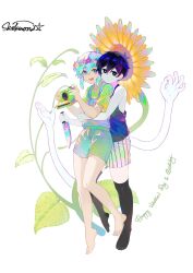 2boys antenna_hair artist_name barefoot basil_(headspace)_(omori) basil_(omori) black_eyes black_hair black_socks black_tank_top blue_overalls bright_pupils camera colored_skin flower green_eyes green_hair green_nails green_shirt happy_birthday happy_valentine head_wreath highres holding holding_camera holding_knife kneehighs knife male_focus multiple_boys omori omori_(omori) open_mouth overall_shorts overalls psychokokuon shirt short_hair short_sleeves shorts simple_background smile socks sunflower tank_top white_background white_pupils white_shorts white_skin