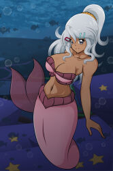 1girl absurdres bakugan blue_eyes breasts cleavage dark-skinned_female dark_skin fish grey_hair highres julie_heyward large_breasts long_hair looking_at_viewer mermaid midriff monster_girl navel ponytail smile solo strapless tube_top underwater