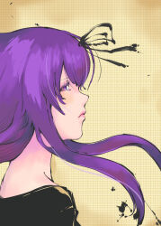 1girl alternate_costume black_ribbon black_shirt blouse blush breasts casual dropgray from_side hair_between_eyes hair_ribbon highres inkblot large_breasts lips long_hair looking_at_viewer murasaki_(senran_kagura) purple_eyes purple_hair ribbon senran_kagura senran_kagura_shinovi_versus shirt sidelocks solo yellow_background