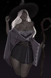 Rule 34 | 1girl, bare shoulders, black background, black dress, black skin, breasts, cleavage, colored skin, cropped legs, curtained hair, dress, elden ring, elden ring nightreign, grey eyes, hand on own hat, hat, highres, holding, holding staff, large breasts, large hat, long hair, mage staff, melqinnee, parted lips, purple sleeves, recluse (elden ring), solo, staff, white hair, wide sleeves, witch, witch hat, wooden staff