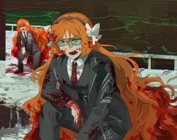 Rule 34 | black jacket, black pants, blood, blood on clothes, blood on face, bow, brown hairband, green eyes, hair bow, hairband, highres, ishmael (project moon), jacket, limbus company, long hair, long sleeves, necktie, open mouth, orange hair, pants, project moon, red necktie, rope, ship, sidelocks, v-shaped eyebrows, very long hair, watercraft, white bow, zhizhizi
