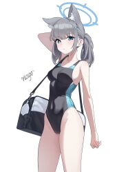 1girl absurdres animal_ears blue_archive blue_eyes breasts hair_ornament highres liago looking_at_viewer navel shiroko_(blue_archive) shiroko_(swimsuit)_(blue_archive) simple_background solo white_background