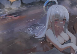 1girl absurdres bare_shoulders bathing blue_archive blush breasts cleavage collarbone halo highres large_breasts long_hair mechanical_halo moji_(m_0j_4) noa_(blue_archive) nude onsen outdoors partially_submerged purple_eyes sidelocks smile solo white_hair